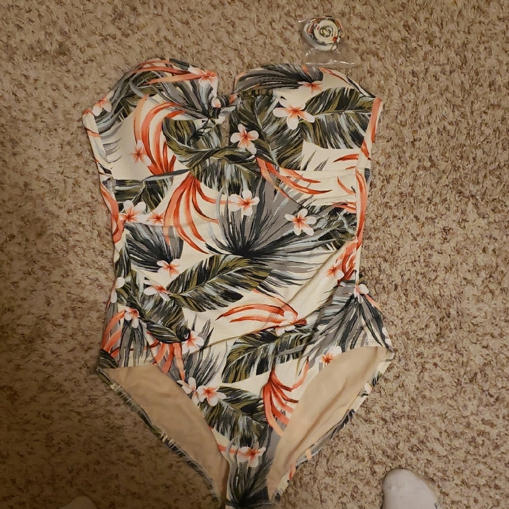 Kona Sol Orange and Green One Piece Swimsuit Tropical Design